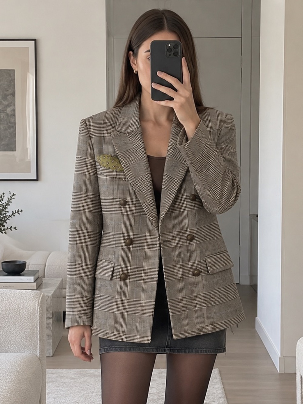 Zara ZW Collection Plaid Wool Double-Breasted Blazer Brown Size M